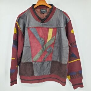 Vintage Saxony Leather Suede Patchwork Abstract Knit Sweater Mixed Media L 90s
